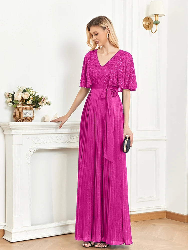 BluePlum Elegant Red Floor Lenght Evening Dress Flared Short Sleeve Sequin Formal Dress V-neck Women Bridesmaid Party Long Gowns | Blue Plum - Blue Plum
