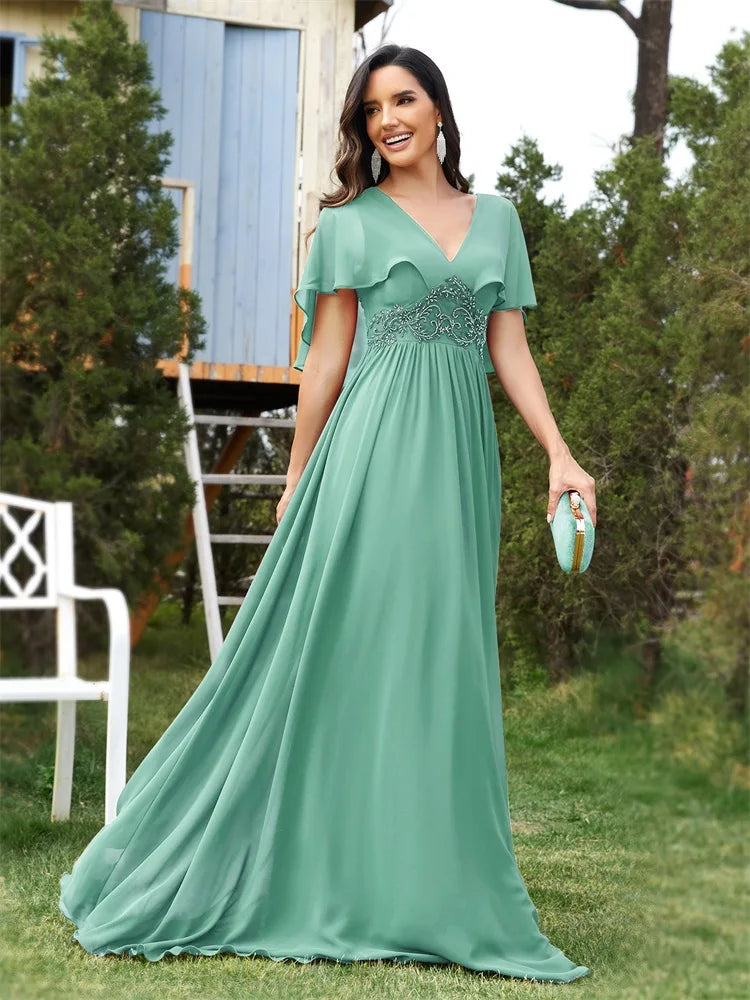 BluePlum Elegant Chiffon Short sleeve Formal Evening Dresses Long 2024 Luxury Women Bridesmaid Party Dress Cocktail Prom Gowns | Blue Plum - Blue Plum
