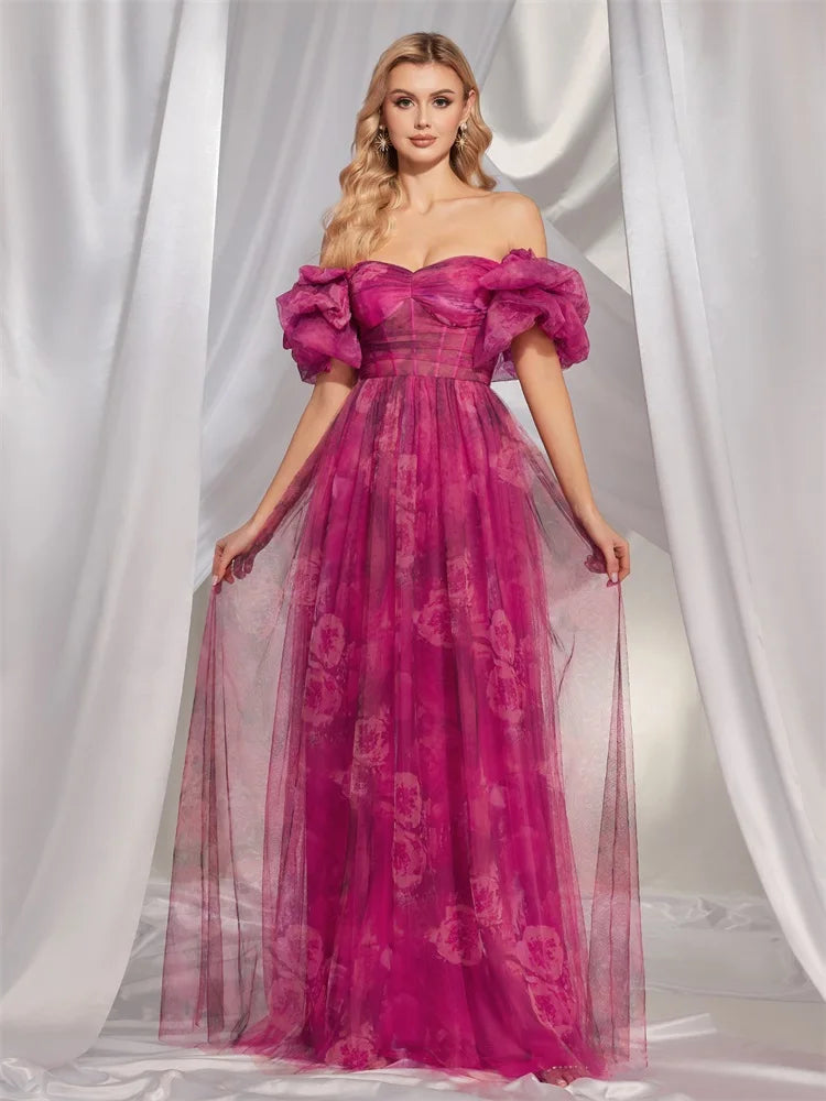BluePlum Elegant Premium puff sleeve Evening Dress Long 2025 Luxury Women Chiffon Short Sleeve Party Dress Prom Cocktail Dress | Blue Plum - Blue Plum
