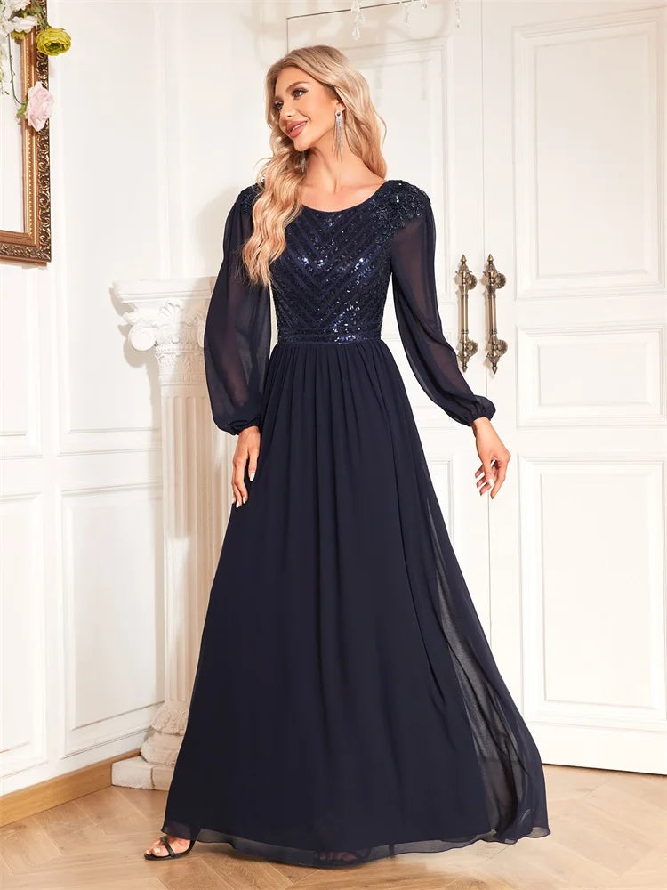 BluePlum Elegant V-Back Sequin Formal Evening Dress Long Sleeve Floor-Length Luxury 2024 Chiffon Wedding Party Prom Cocktail Dress | Blue Plum - Blue Plum
