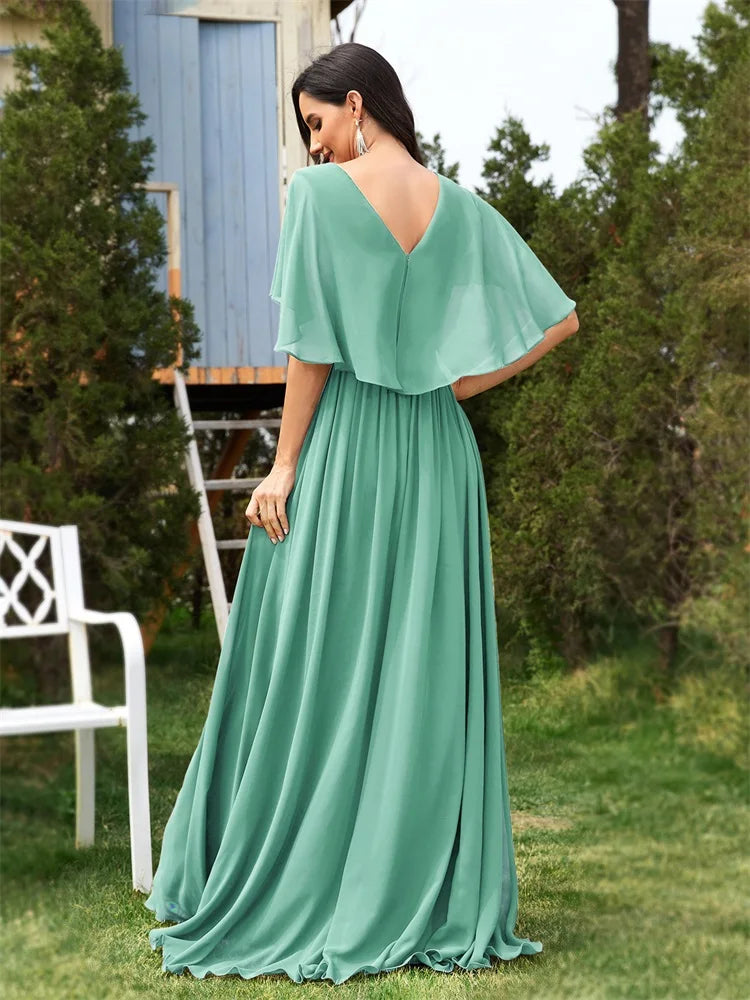 BluePlum Elegant Chiffon Short sleeve Formal Evening Dresses Long 2024 Luxury Women Bridesmaid Party Dress Cocktail Prom Gowns | Blue Plum - Blue Plum
