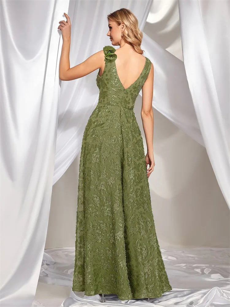 BluePlum Elegant V Neck Green Floral Evening Dress Long 2024 Luxury Women Chiffon Sleevesless Party Dress Prom Cocktail Dress | Blue Plum - Blue Plum