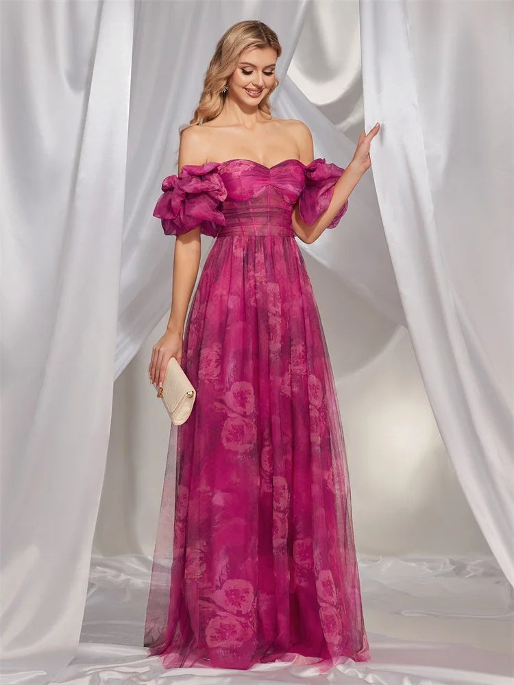 BluePlum Elegant Premium puff sleeve Evening Dress Long 2025 Luxury Women Chiffon Short Sleeve Party Dress Prom Cocktail Dress | Blue Plum - Blue Plum