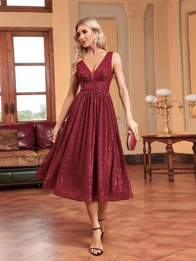 BluePlum Elegant V Neck Sleeveless Sequins Cocktail Dress Women Luxury Red Wedding Party Evening Dress Graduation Gown Vestidos | Blue Plum - Blue Plum