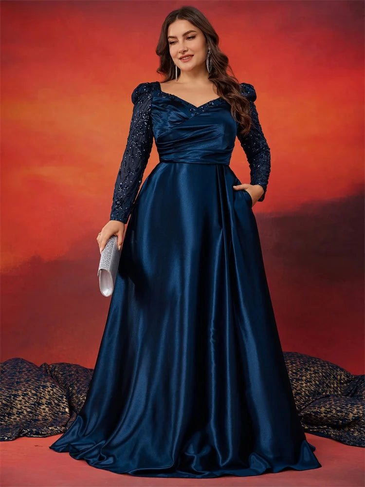 Elegant V-Neck Satin Blue Evening Dress | Blue Plum - Blue Plum