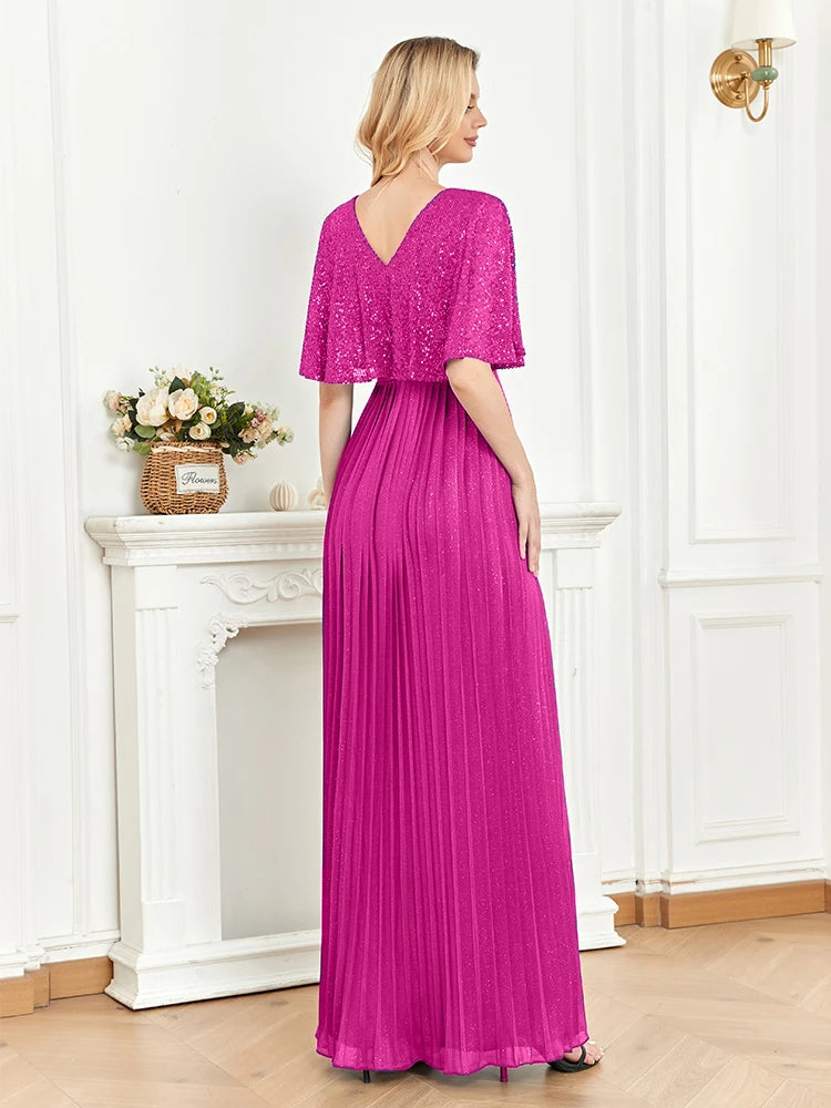 BluePlum Elegant Red Floor Lenght Evening Dress Flared Short Sleeve Sequin Formal Dress V-neck Women Bridesmaid Party Long Gowns | Blue Plum - Blue Plum