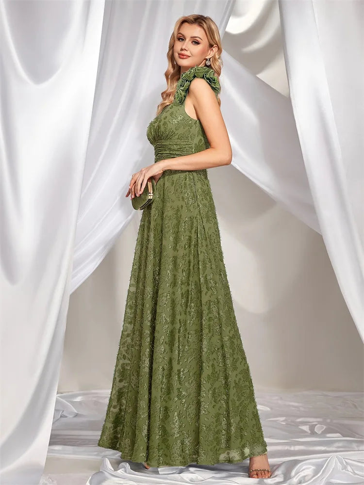 BluePlum Elegant V Neck Green Floral Evening Dress Long 2024 Luxury Women Chiffon Sleevesless Party Dress Prom Cocktail Dress | Blue Plum - Blue Plum