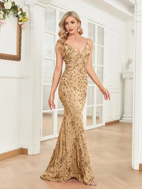 BluePlum Luxury Sexy Backless Champagne Sequins Evening Dress Long 2024 Elegant Mermaid Dresses Wedding Party Cocktail Prom | Blue Plum - Blue Plum