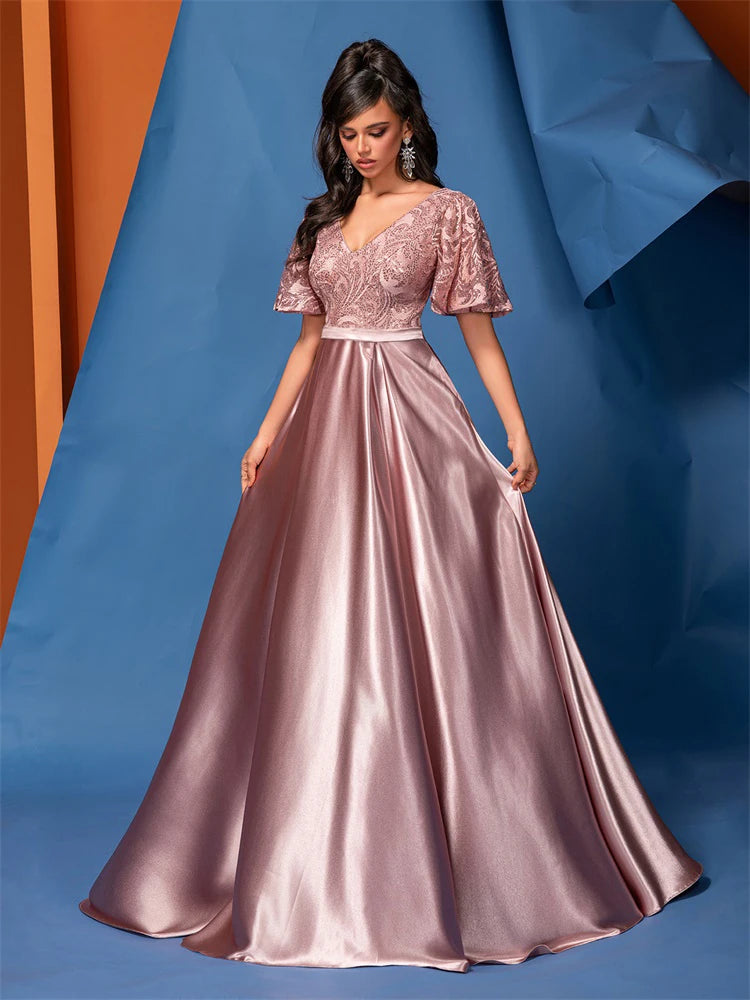 BluePlum Elegant Short Sleeve Pink Satin Formal Evening Dress Luxury Long Women Mermaid Wedding Party Dress Cocktail Prom | Blue Plum - Blue Plum