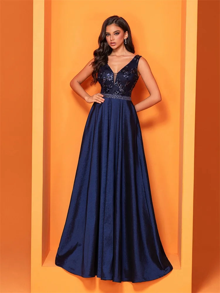 Luxury Sexy Deep V-Neck Sequins Blue Evening Dress Women Elegant V-back Satin Party Long Prom Cocktail Dress | Blue Plum - Blue Plum