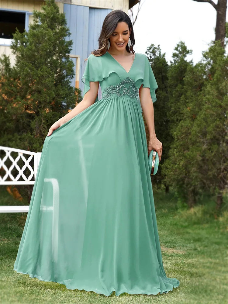 BluePlum Elegant Chiffon Short sleeve Formal Evening Dresses Long 2024 Luxury Women Bridesmaid Party Dress Cocktail Prom Gowns | Blue Plum - Blue Plum