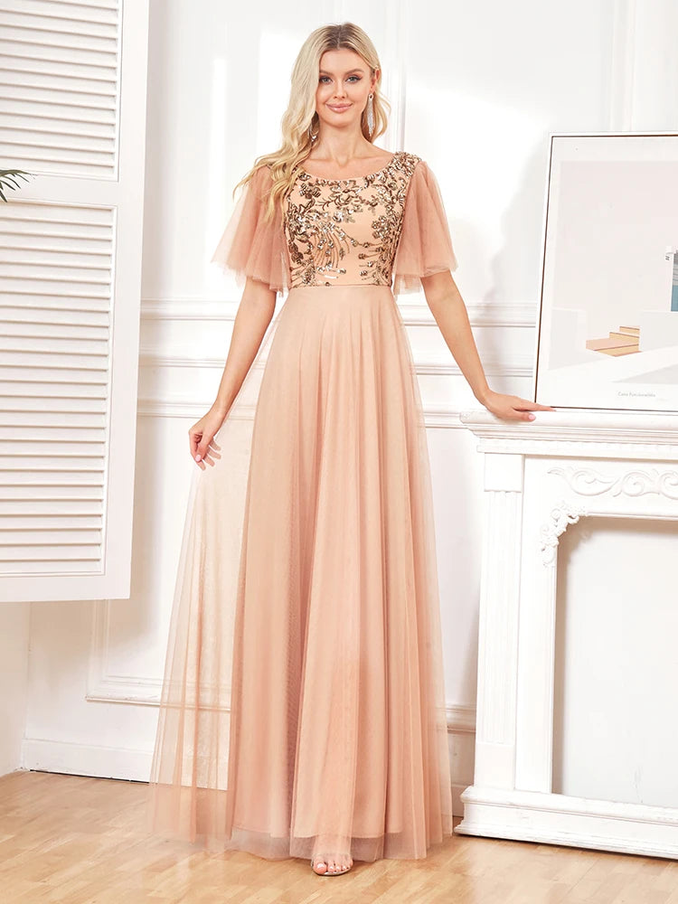 BluePlum Luxury Gold Sequins Formal Evening Dress elegant Wedding Party Prom Long Dress 2024 Women Tulle Short Sleevess Gowns | Blue Plum - Blue Plum