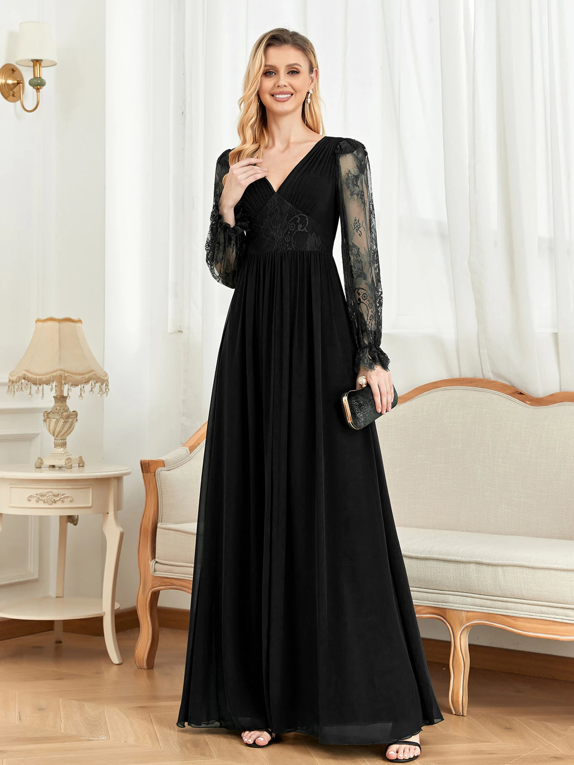 BluePlum Elegant Long Sleeves Tulle Embroidery Evening Dress 2025 Women Chiffon Slit Bridesmaid Wedding Party Dress Formal Prom | Blue Plum - Blue Plum