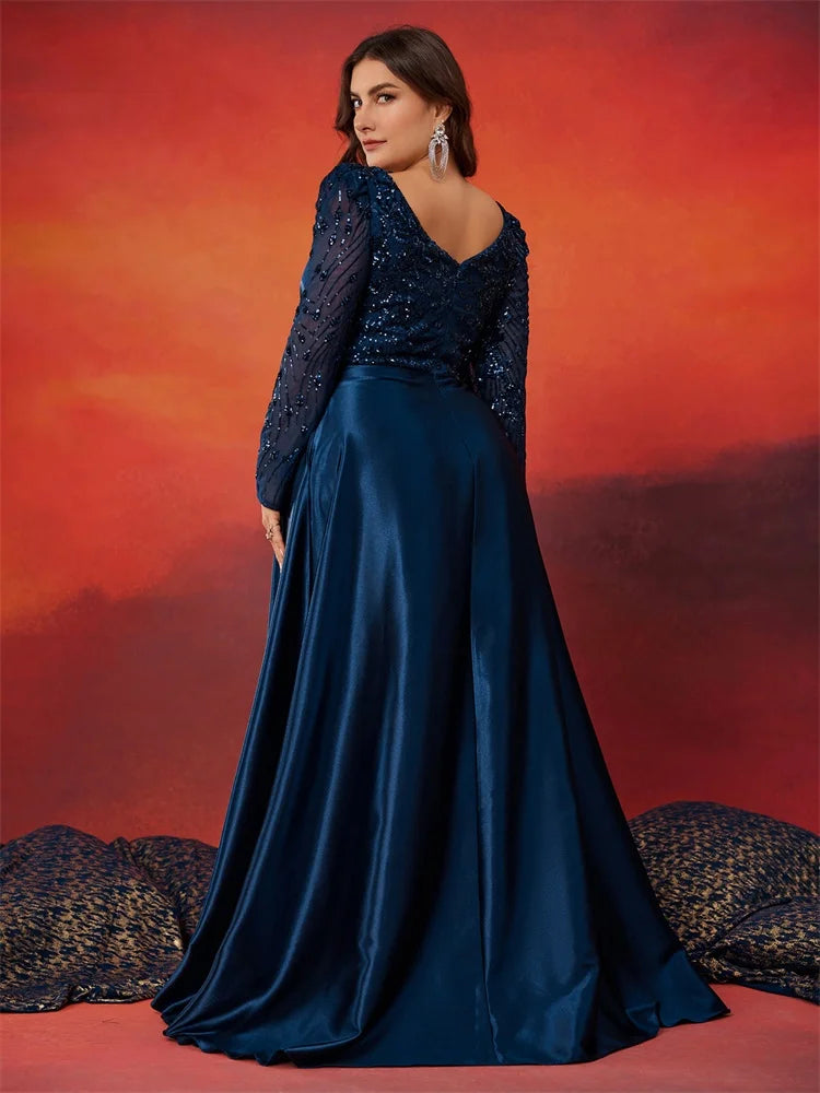 Elegant V-Neck Satin Blue Evening Dress | Blue Plum - Blue Plum