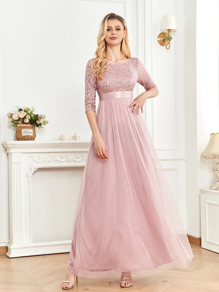 BluePlum Elegant Chiffon Evening Dress Luxury 2025 Long Short Sleeve Wedding Party Dress Women Sequin Wedding Party Cocktail Prom | Blue Plum - Blue Plum