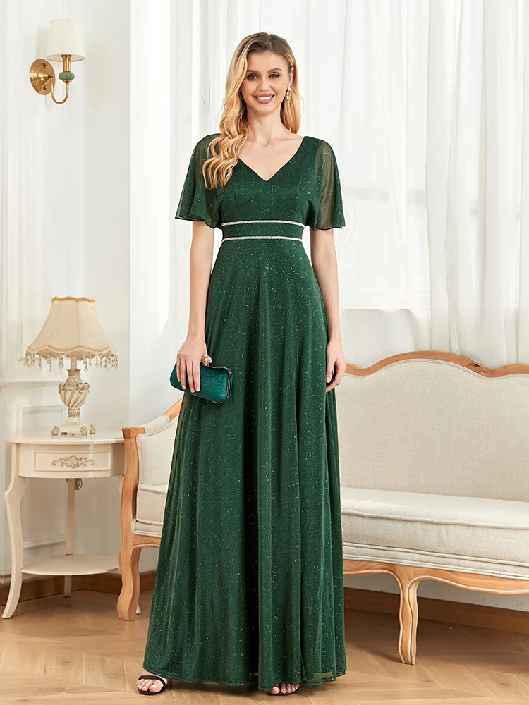 BluePlum Elegant Short Sleeves Evening Dresses Long 2025 Luxury V-Neck Green Shinning Wedding Party Prom Cocktail Dress Gowns | Blue Plum - Blue Plum