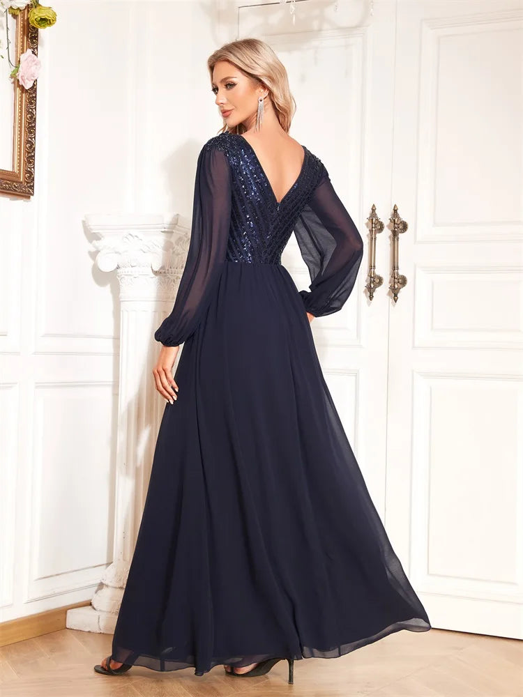 BluePlum Elegant V-Back Sequin Formal Evening Dress Long Sleeve Floor-Length Luxury 2024 Chiffon Wedding Party Prom Cocktail Dress | Blue Plum - Blue Plum