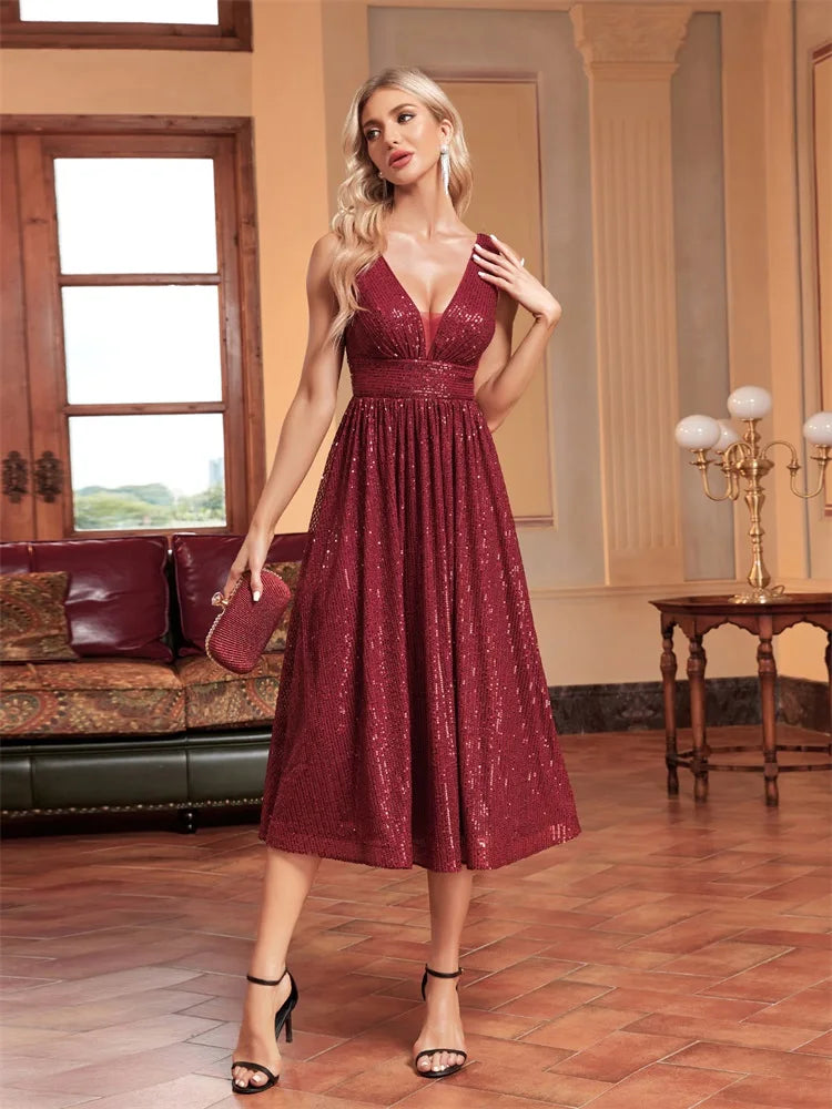 BluePlum Elegant V Neck Sleeveless Sequins Cocktail Dress Women Luxury Red Wedding Party Evening Dress Graduation Gown Vestidos | Blue Plum - Blue Plum