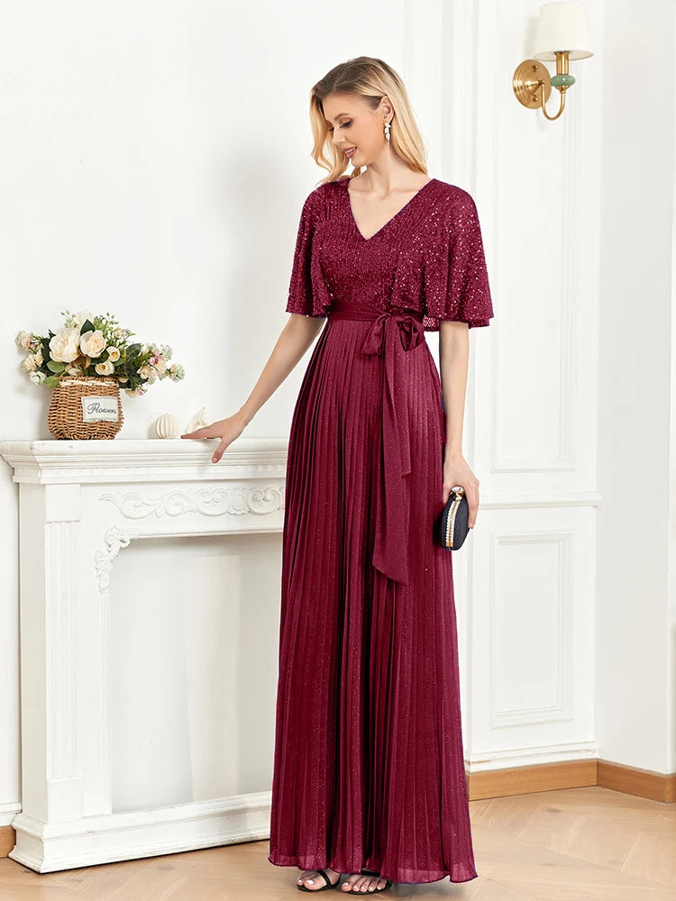 BluePlum Elegant Red Floor Lenght Evening Dress Flared Short Sleeve Sequin Formal Dress V-neck Women Bridesmaid Party Long Gowns | Blue Plum - Blue Plum
