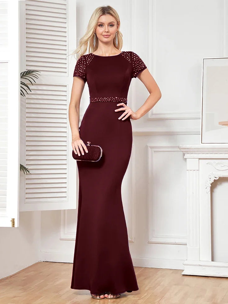 BluePlum Elegant O-Neck Blue Mermaid Evening Dress Women Short Sleeves Wedding Party Maxi Dress Long Luxury Formal Prom Vestidos | Blue Plum - Blue Plum