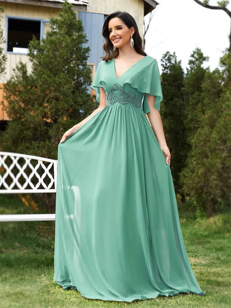 BluePlum Elegant Chiffon Short sleeve Formal Evening Dresses Long 2024 Luxury Women Bridesmaid Party Dress Cocktail Prom Gowns | Blue Plum - Blue Plum