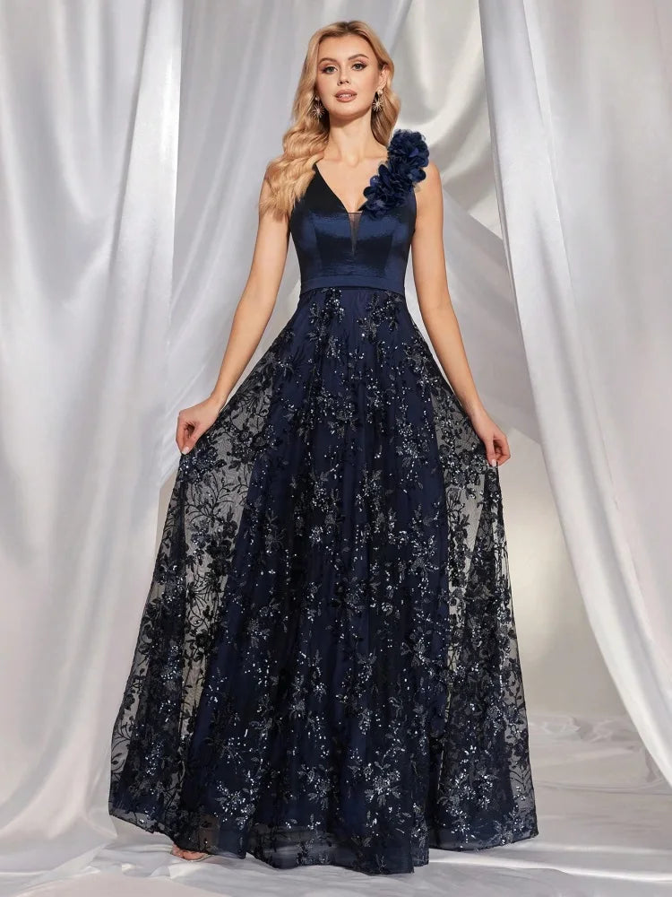 BluePlum Elegant V Neck Blue Floral Sequin Evening Dress Long 2024 Luxury Women Satin Sleevesless Party Dress Prom Cocktail Dress | Blue Plum - Blue Plum