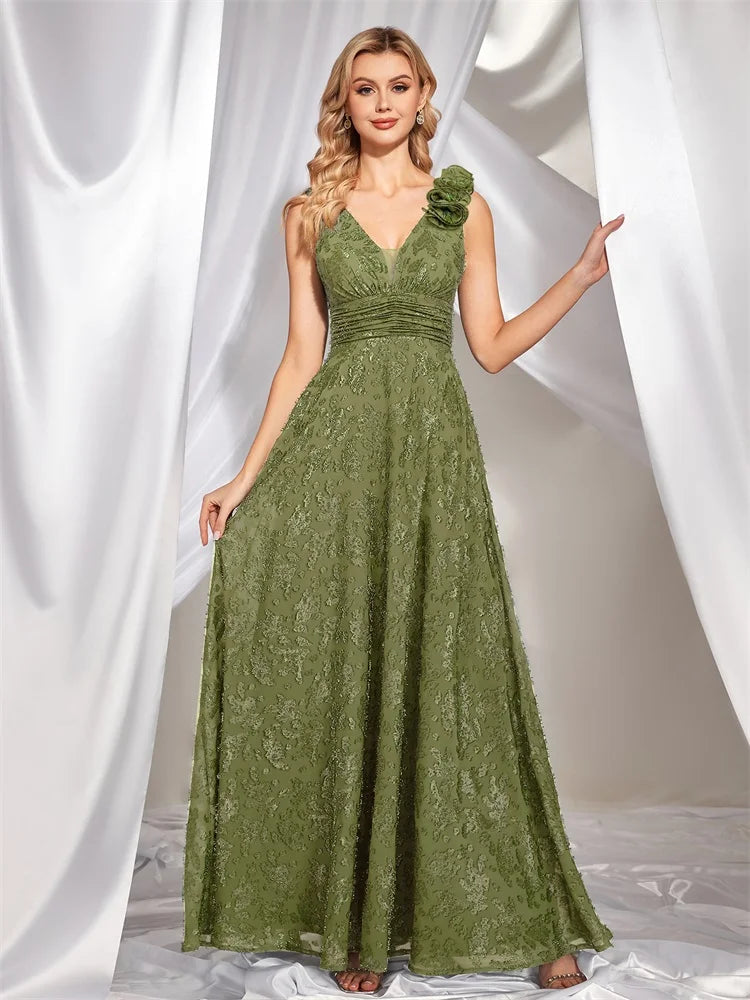 BluePlum Elegant V Neck Green Floral Evening Dress Long 2024 Luxury Women Chiffon Sleevesless Party Dress Prom Cocktail Dress | Blue Plum - Blue Plum