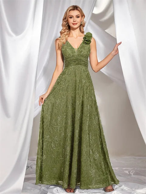 BluePlum Elegant V Neck Green Floral Evening Dress Long 2024 Luxury Women Chiffon Sleevesless Party Dress Prom Cocktail Dress | Blue Plum - Blue Plum