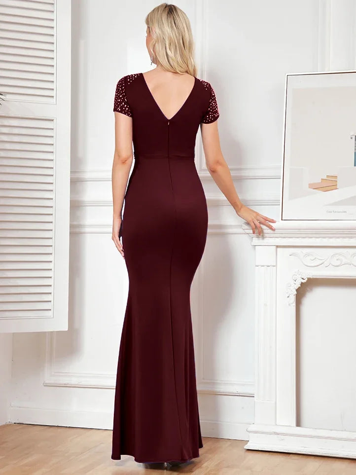BluePlum Elegant O-Neck Blue Mermaid Evening Dress Women Short Sleeves Wedding Party Maxi Dress Long Luxury Formal Prom Vestidos | Blue Plum - Blue Plum