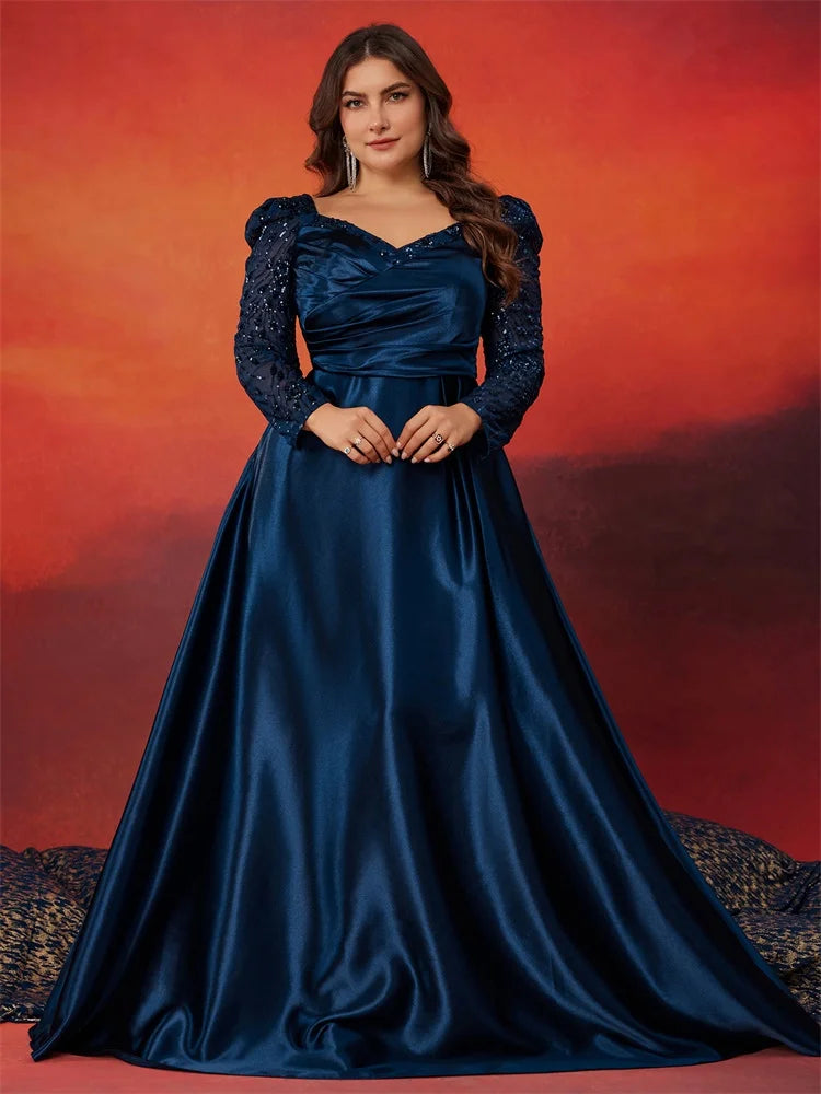 Elegant V-Neck Satin Blue Evening Dress | Blue Plum - Blue Plum