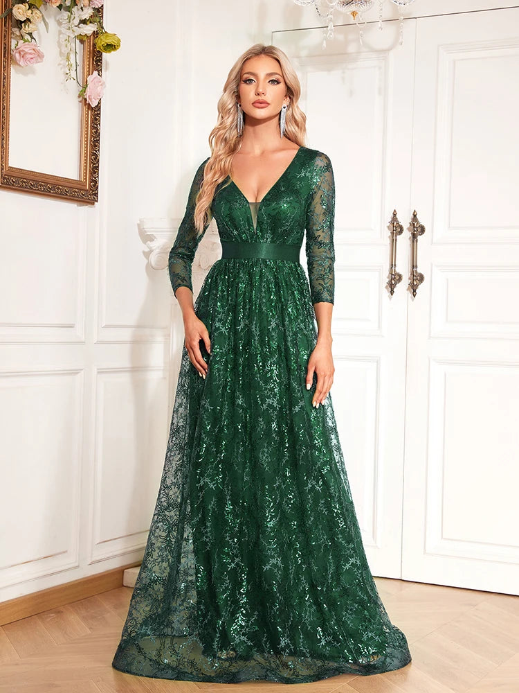BluePlum Elegant Green Sexy V-Neck Floral Evening Dress Long 2024 Luxury Women Long Sleeve Party Prom Sequin Cocktail Dress Gown | Blue Plum - Blue Plum