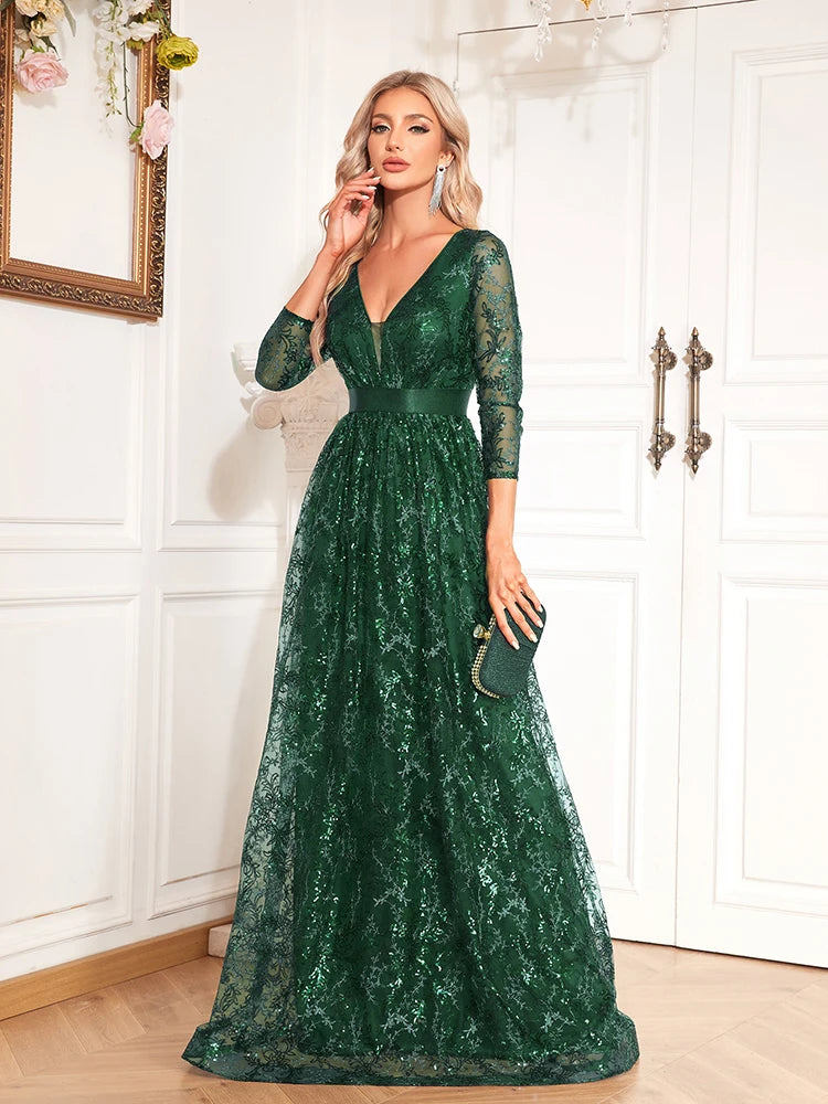 BluePlum Elegant Green Sexy V-Neck Floral Evening Dress Long 2024 Luxury Women Long Sleeve Party Prom Sequin Cocktail Dress Gown | Blue Plum - Blue Plum