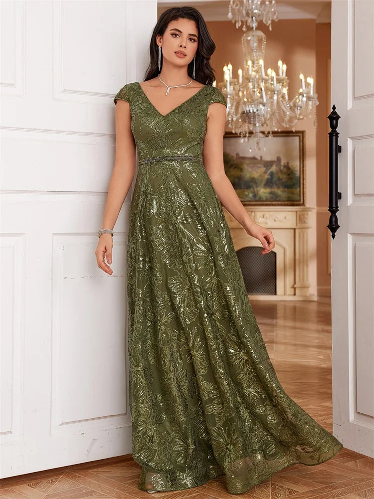BluePlum New Luxury V-Neck Green Sequins Evening Dress Elegant Long Women V-back Wedding Party Long Prom Cocktail Dress Gowns | Blue Plum - Blue Plum