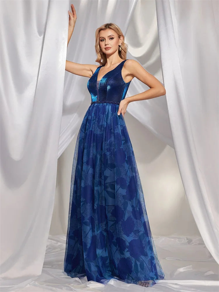 BluePlum Luxury Sexy V-Back Sleeveless Royal Blue Evening Dress 2024 Women Elegant Slit Wedding Party Long Prom Cocktail Dresses | Blue Plum - Blue Plum