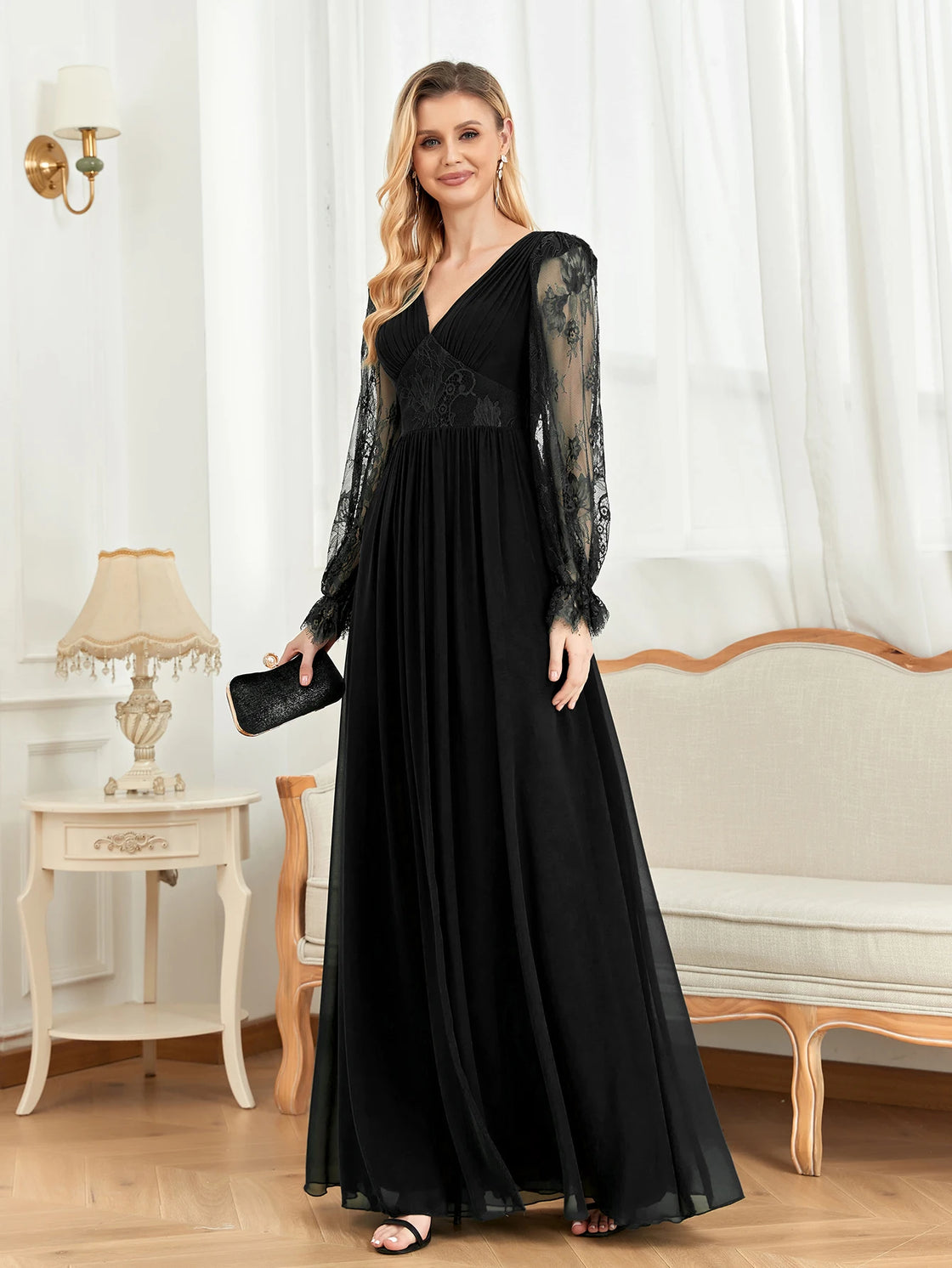 BluePlum Elegant Long Sleeves Tulle Embroidery Evening Dress 2025 Women Chiffon Slit Bridesmaid Wedding Party Dress Formal Prom | Blue Plum - Blue Plum