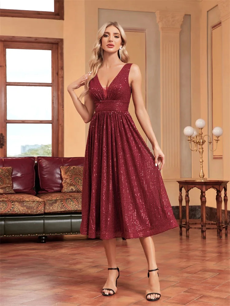 BluePlum Elegant V Neck Sleeveless Sequins Cocktail Dress Women Luxury Red Wedding Party Evening Dress Graduation Gown Vestidos | Blue Plum - Blue Plum