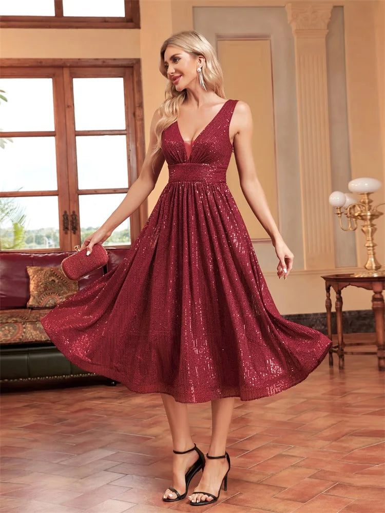 BluePlum Elegant V Neck Sleeveless Sequins Cocktail Dress Women Luxury Red Wedding Party Evening Dress Graduation Gown Vestidos | Blue Plum - Blue Plum