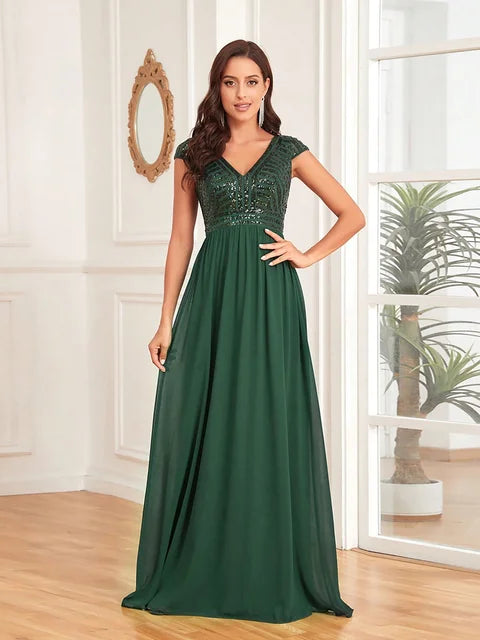 BluePlum Elegant Sequins Sleeveless Evening Dress Women 2024 V Neck Green Wedding Party Graduation Prom Chiffon Cocktail Gowns | Blue Plum - Blue Plum
