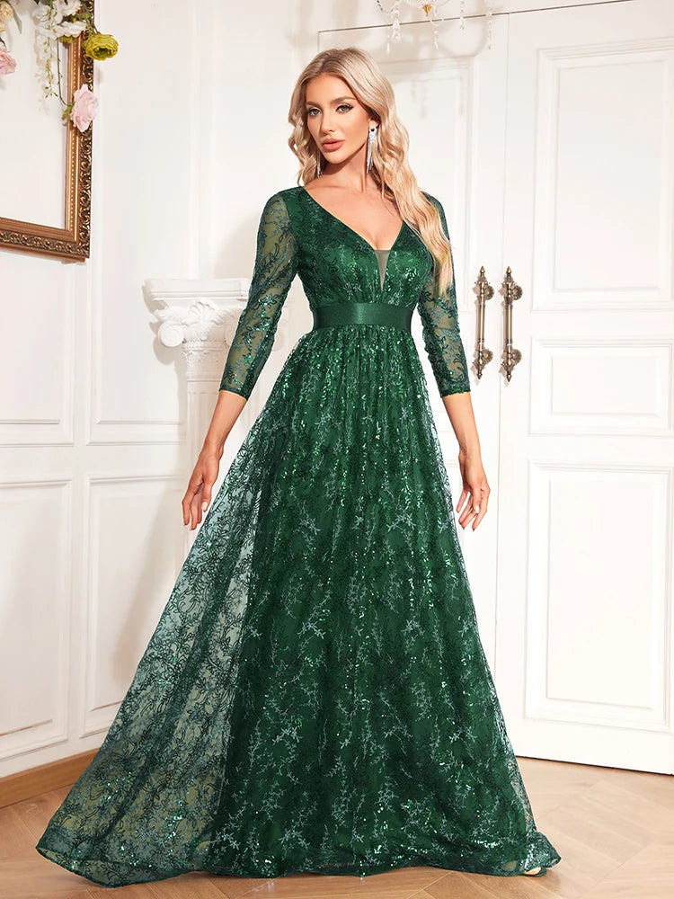 BluePlum Elegant Green Sexy V-Neck Floral Evening Dress Long 2024 Luxury Women Long Sleeve Party Prom Sequin Cocktail Dress Gown | Blue Plum - Blue Plum