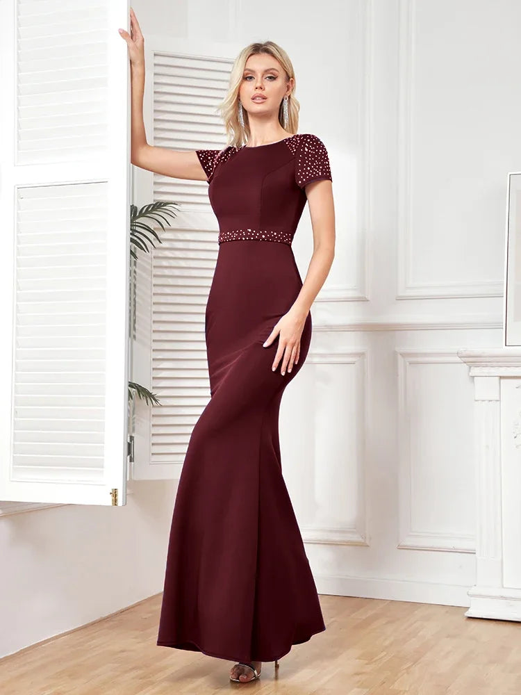 BluePlum Elegant O-Neck Blue Mermaid Evening Dress Women Short Sleeves Wedding Party Maxi Dress Long Luxury Formal Prom Vestidos | Blue Plum - Blue Plum