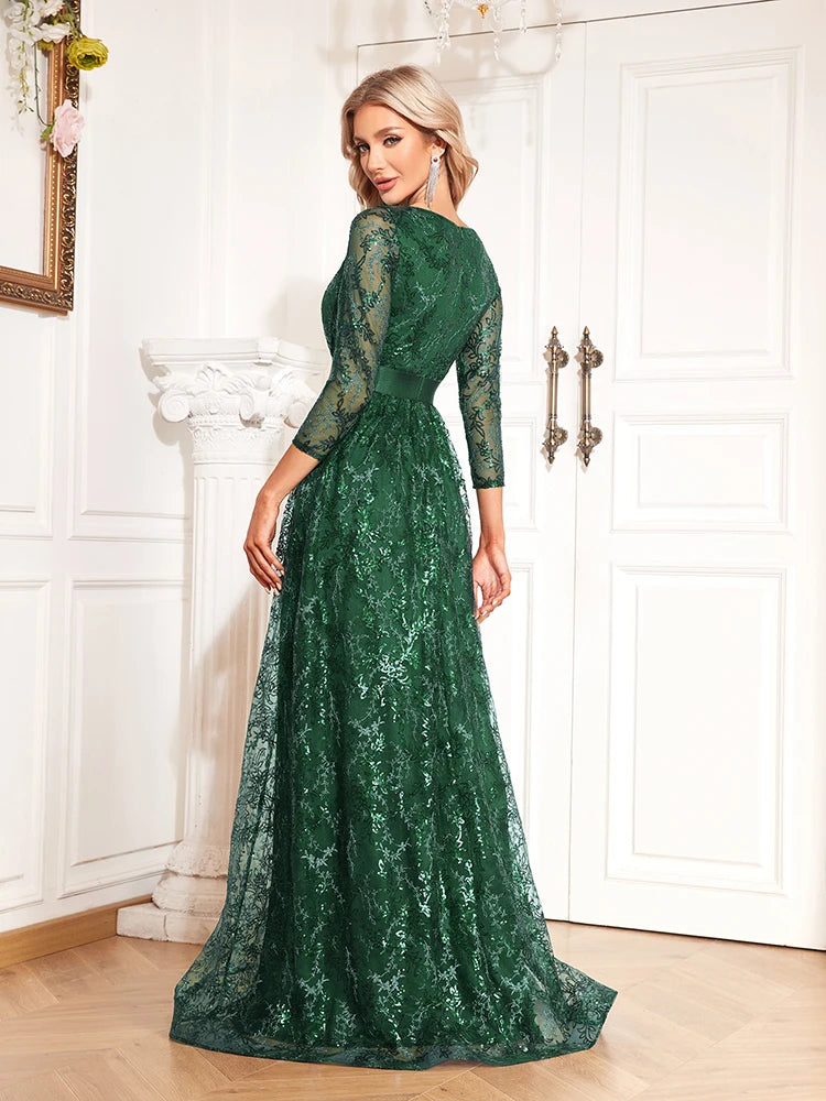 BluePlum Elegant Green Sexy V-Neck Floral Evening Dress Long 2024 Luxury Women Long Sleeve Party Prom Sequin Cocktail Dress Gown | Blue Plum - Blue Plum