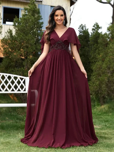 BluePlum Elegant Chiffon Short sleeve Formal Evening Dresses Long 2024 Luxury Women Bridesmaid Party Dress Cocktail Prom Gowns | Blue Plum - Blue Plum