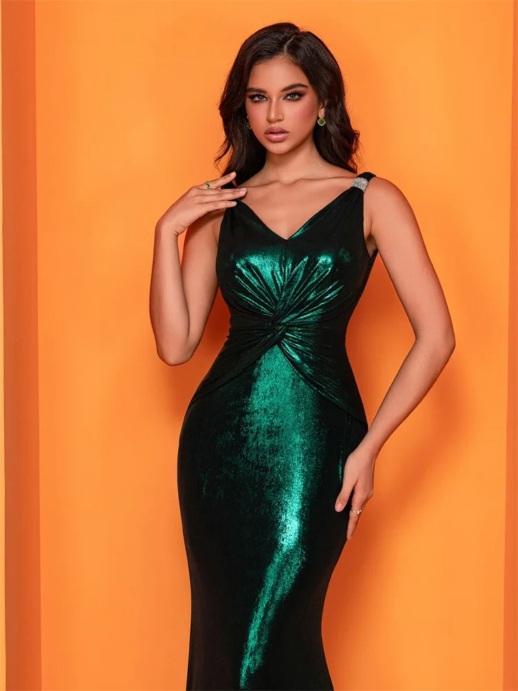 BluePlum Elegant Evening Dresses Glittery Sleeveless Pleated Empire Waist 2024 Green Mermaid Party Prom Bridesmaid Dress | Blue Plum - Blue Plum