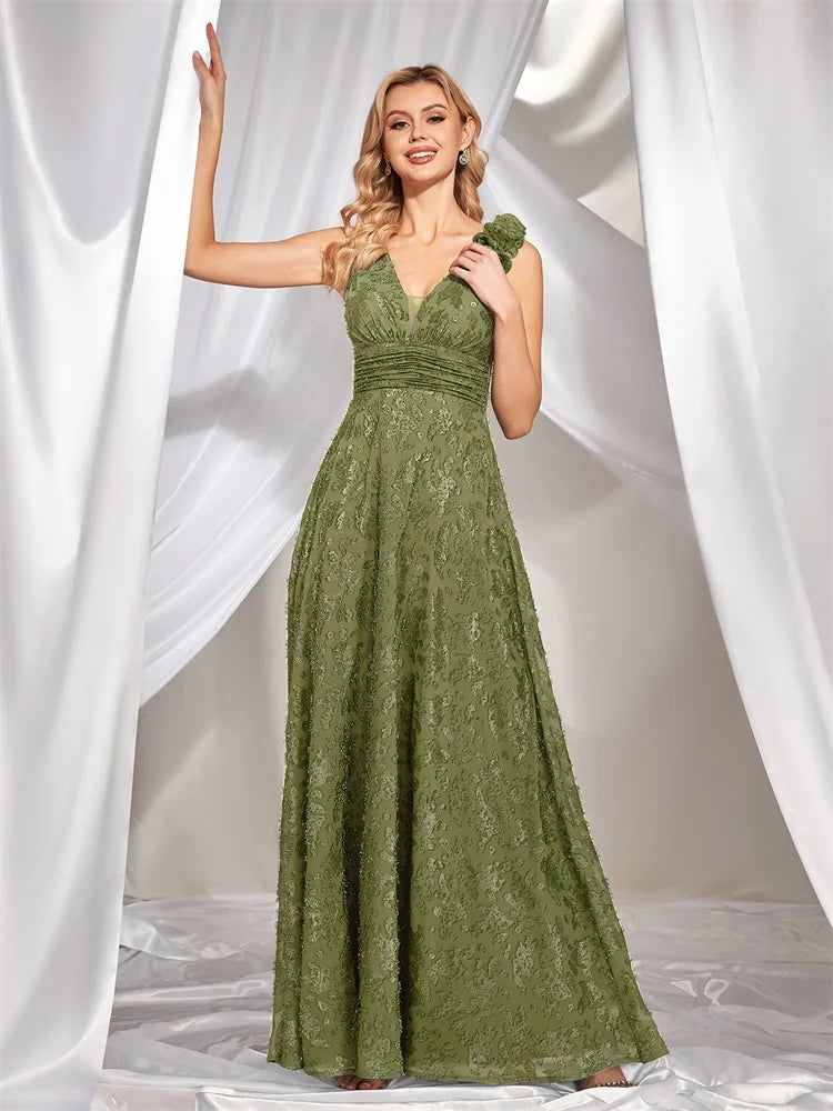 BluePlum Elegant V Neck Green Floral Evening Dress Long 2024 Luxury Women Chiffon Sleevesless Party Dress Prom Cocktail Dress | Blue Plum - Blue Plum