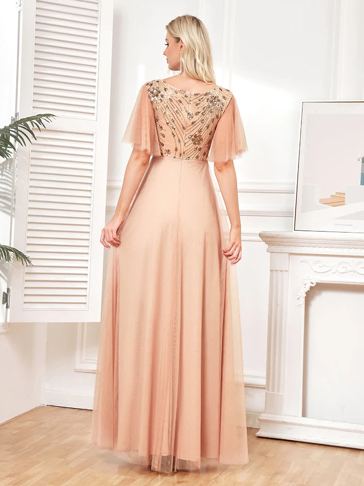 BluePlum Luxury Gold Sequins Formal Evening Dress elegant Wedding Party Prom Long Dress 2024 Women Tulle Short Sleevess Gowns | Blue Plum - Blue Plum