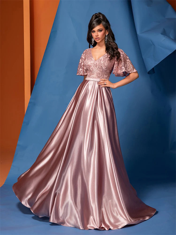 BluePlum Elegant Short Sleeve Pink Satin Formal Evening Dress Luxury Long Women Mermaid Wedding Party Dress Cocktail Prom | Blue Plum - Blue Plum