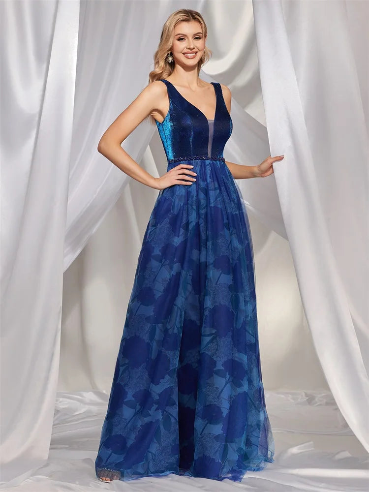 BluePlum Luxury Sexy V-Back Sleeveless Royal Blue Evening Dress 2024 Women Elegant Slit Wedding Party Long Prom Cocktail Dresses | Blue Plum - Blue Plum