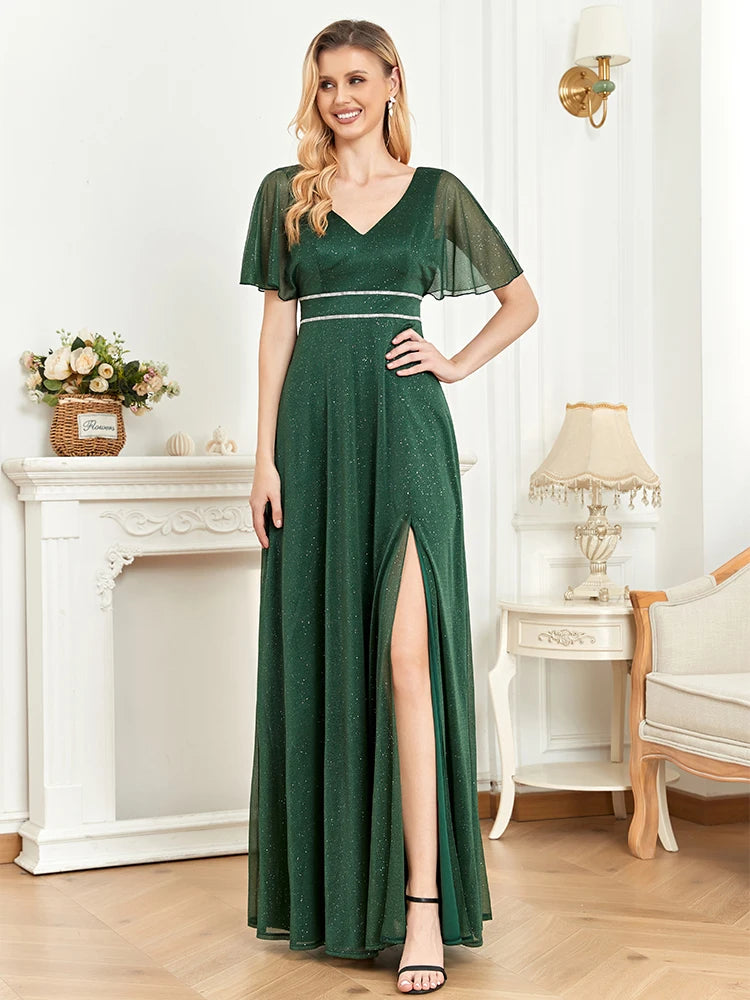BluePlum Elegant Short Sleeves Evening Dresses Long 2025 Luxury V-Neck Green Shinning Wedding Party Prom Cocktail Dress Gowns | Blue Plum - Blue Plum