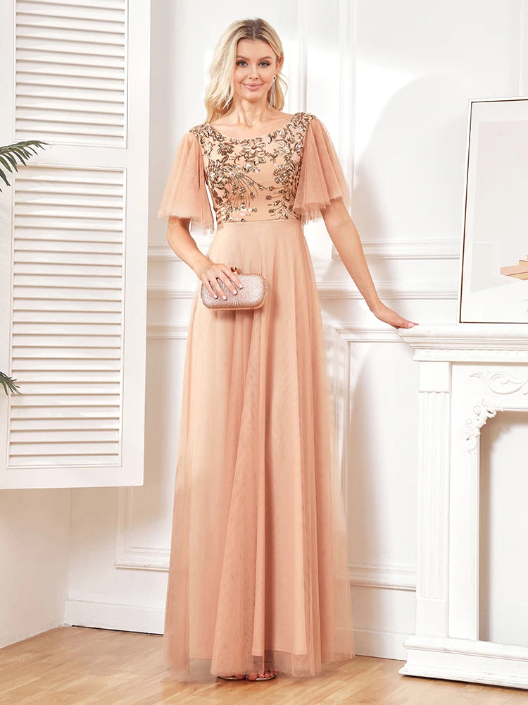 BluePlum Luxury Gold Sequins Formal Evening Dress elegant Wedding Party Prom Long Dress 2024 Women Tulle Short Sleevess Gowns | Blue Plum - Blue Plum
