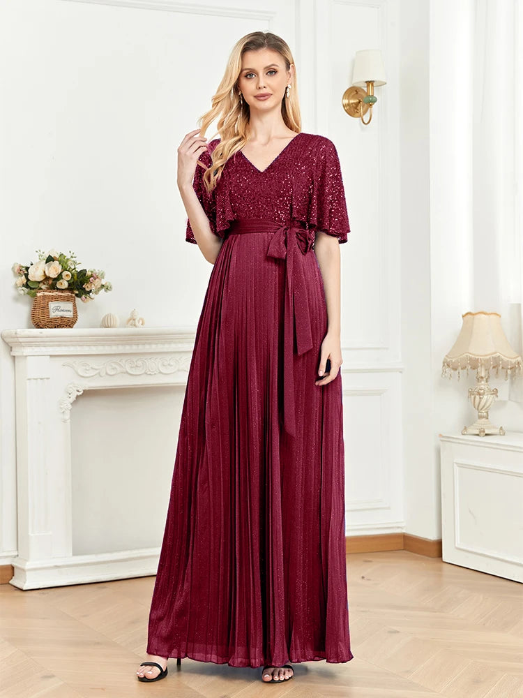 BluePlum Elegant Red Floor Lenght Evening Dress Flared Short Sleeve Sequin Formal Dress V-neck Women Bridesmaid Party Long Gowns | Blue Plum - Blue Plum